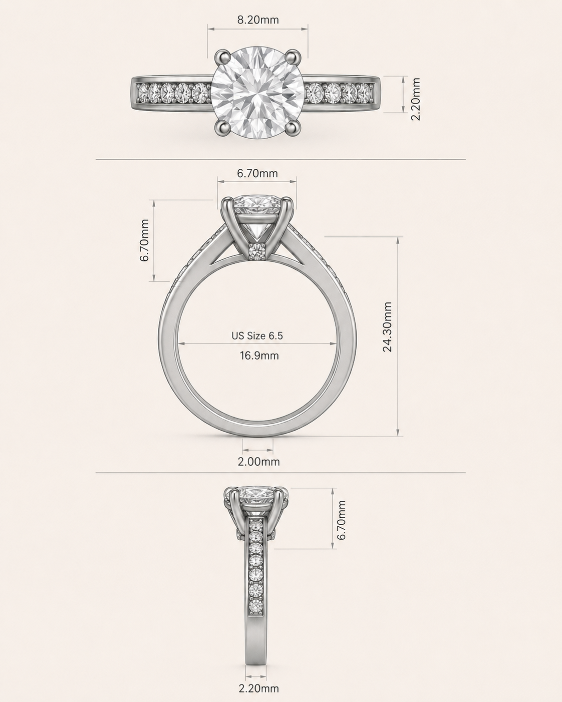 Measured technical drawing of a diamond ring