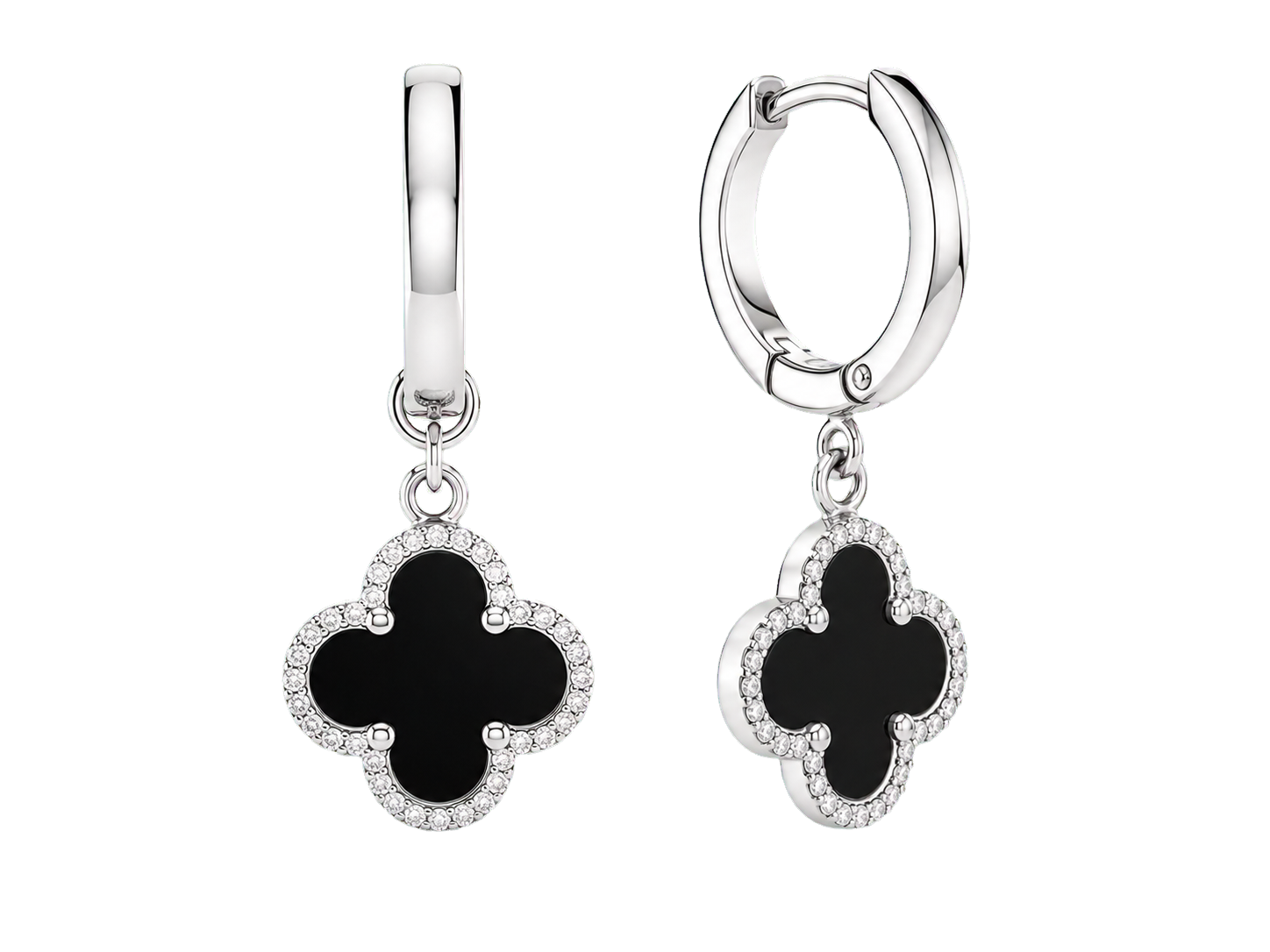 White-gold clover earrings with black enamel drops